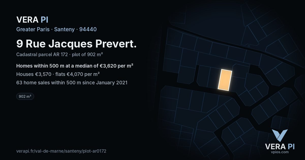 9 Rue Jacques Prevert, Santeny at night – the plot lit, the parcels around coloured by the prices near them