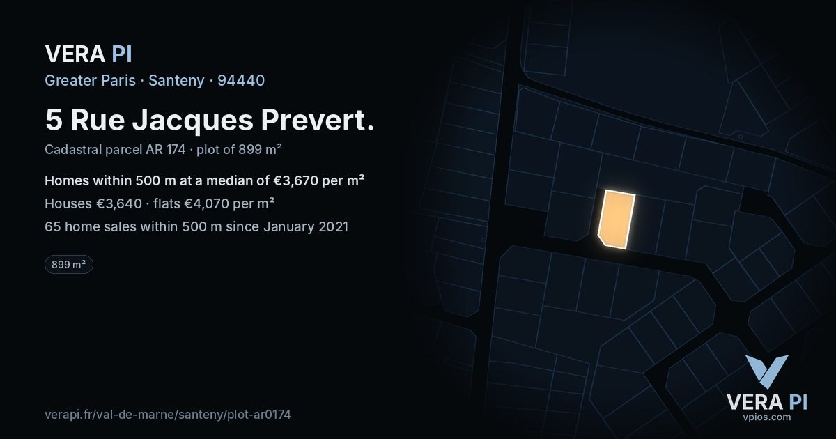 5 Rue Jacques Prevert, Santeny at night – the plot lit, the parcels around coloured by the prices near them