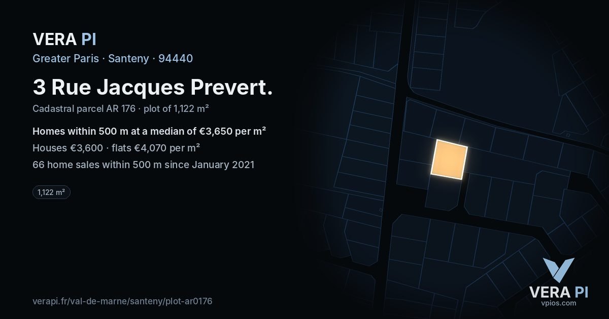 3 Rue Jacques Prevert, Santeny at night – the plot lit, the parcels around coloured by the prices near them