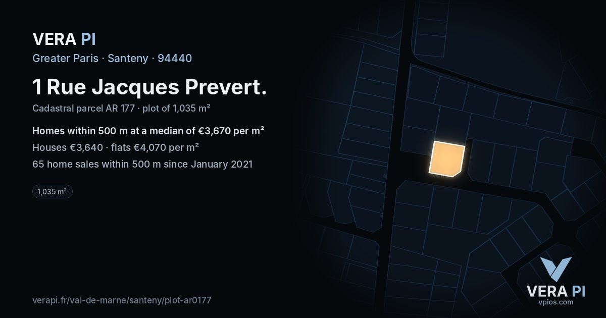 1 Rue Jacques Prevert, Santeny at night – the plot lit, the parcels around coloured by the prices near them