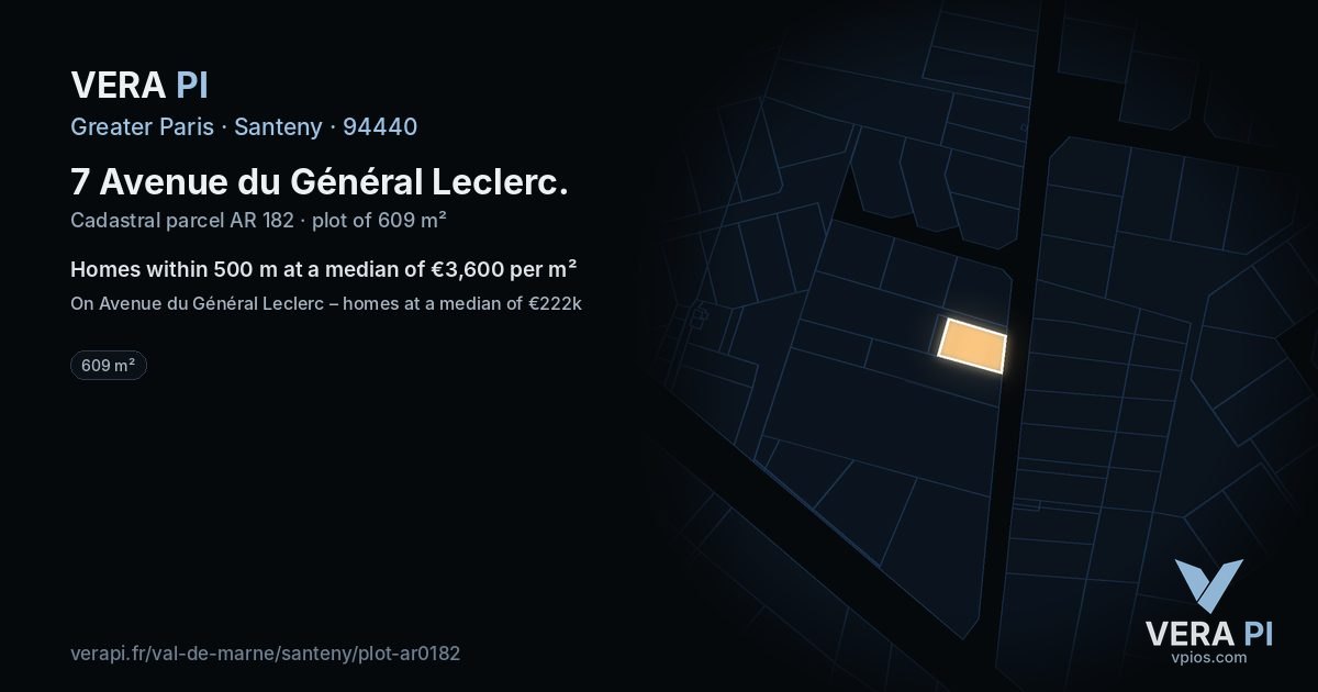 7 Avenue du Général Leclerc, Santeny at night – the plot lit, the parcels around coloured by the prices near them