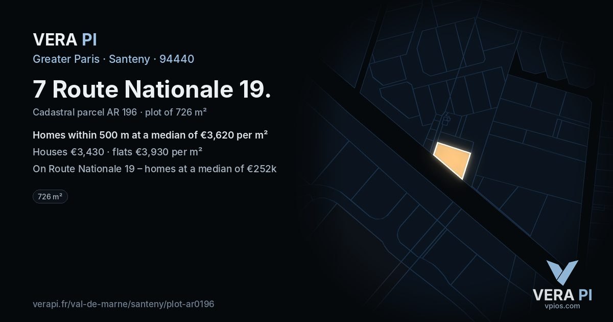 7 Route Nationale 19, Santeny at night – the plot lit, the parcels around coloured by the prices near them
