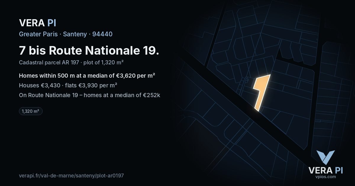 7 bis Route Nationale 19, Santeny at night – the plot lit, the parcels around coloured by the prices near them