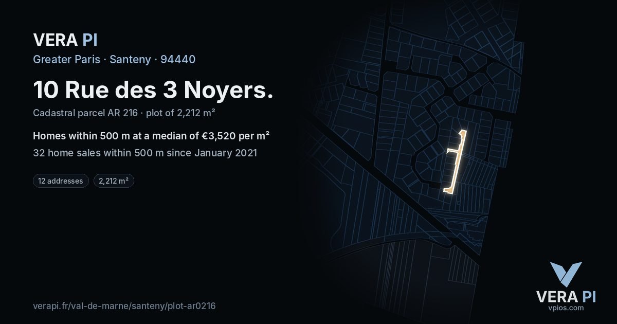 10 Rue des 3 Noyers, Santeny at night – the plot lit, the parcels around coloured by the prices near them