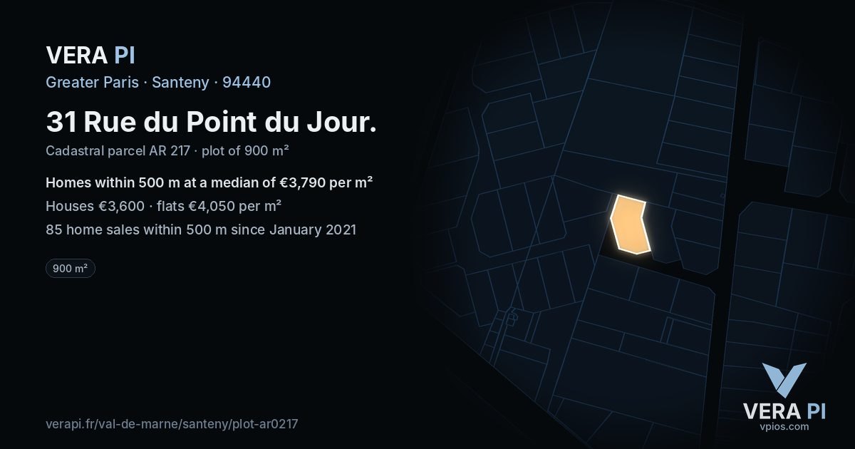 31 Rue du Point du Jour, Santeny at night – the plot lit, the parcels around coloured by the prices near them