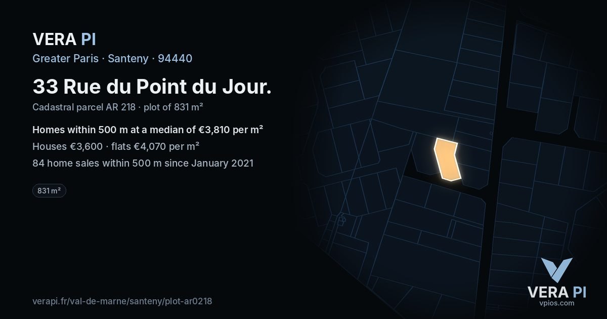 33 Rue du Point du Jour, Santeny at night – the plot lit, the parcels around coloured by the prices near them