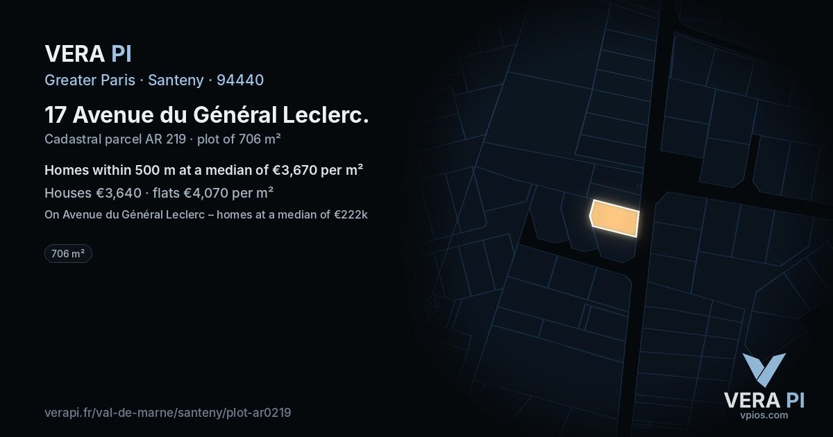 17 Avenue du Général Leclerc, Santeny at night – the plot lit, the parcels around coloured by the prices near them
