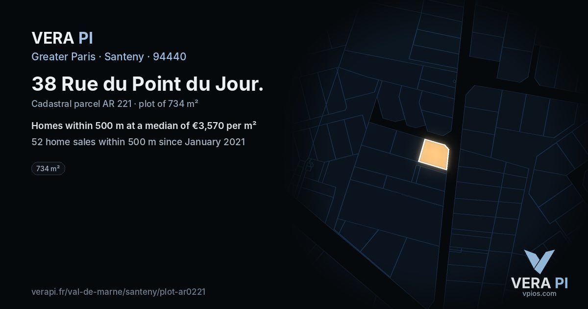 38 Rue du Point du Jour, Santeny at night – the plot lit, the parcels around coloured by the prices near them