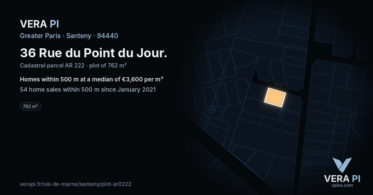 36 Rue du Point du Jour, Santeny at night – the plot lit, the parcels around coloured by the prices near them