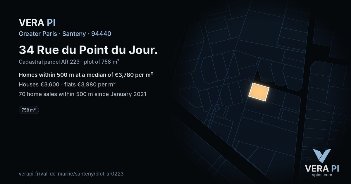 34 Rue du Point du Jour, Santeny at night – the plot lit, the parcels around coloured by the prices near them