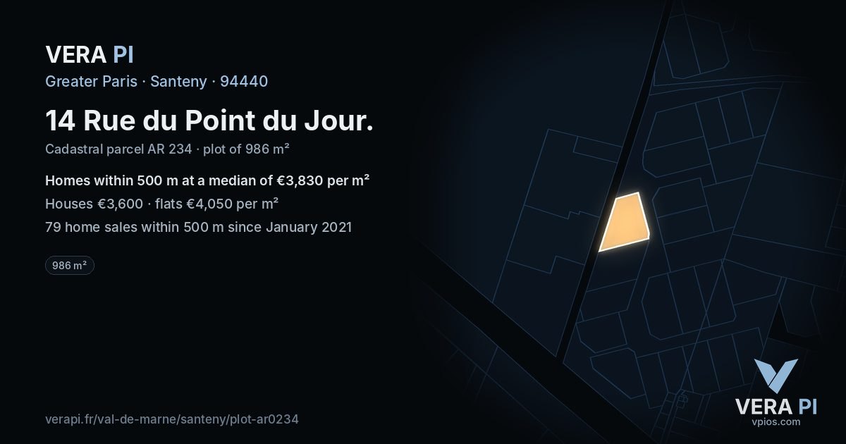 14 Rue du Point du Jour, Santeny at night – the plot lit, the parcels around coloured by the prices near them
