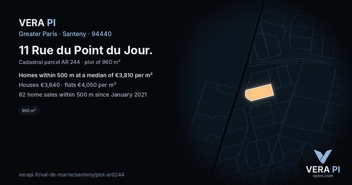 11 Rue du Point du Jour, Santeny at night – the plot lit, the parcels around coloured by the prices near them