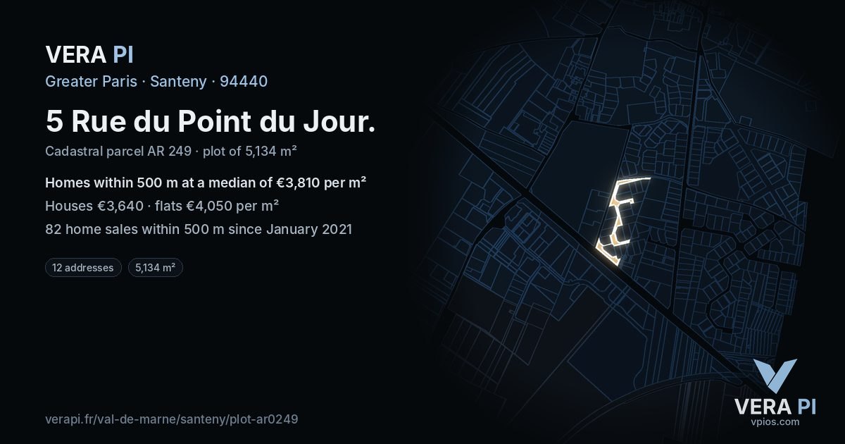 5 Rue du Point du Jour, Santeny at night – the plot lit, the parcels around coloured by the prices near them