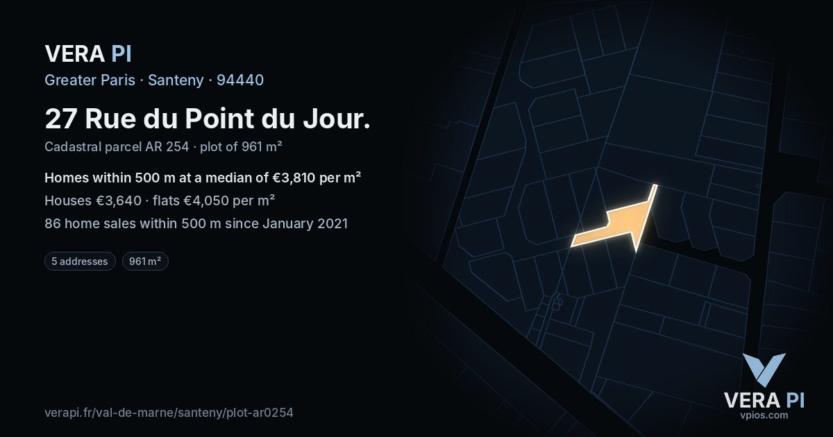 27 Rue du Point du Jour, Santeny at night – the plot lit, the parcels around coloured by the prices near them