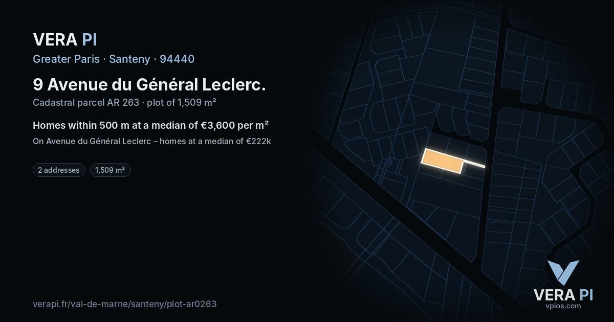 9 Avenue du Général Leclerc, Santeny at night – the plot lit, the parcels around coloured by the prices near them