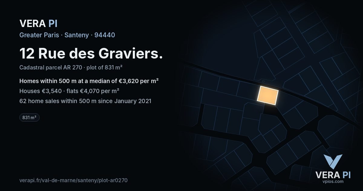 12 Rue des Graviers, Santeny at night – the plot lit, the parcels around coloured by the prices near them