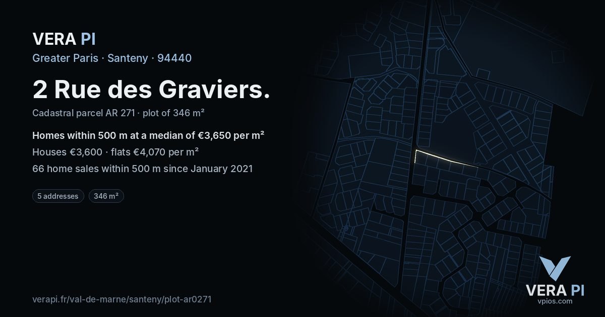 2 Rue des Graviers, Santeny at night – the plot lit, the parcels around coloured by the prices near them