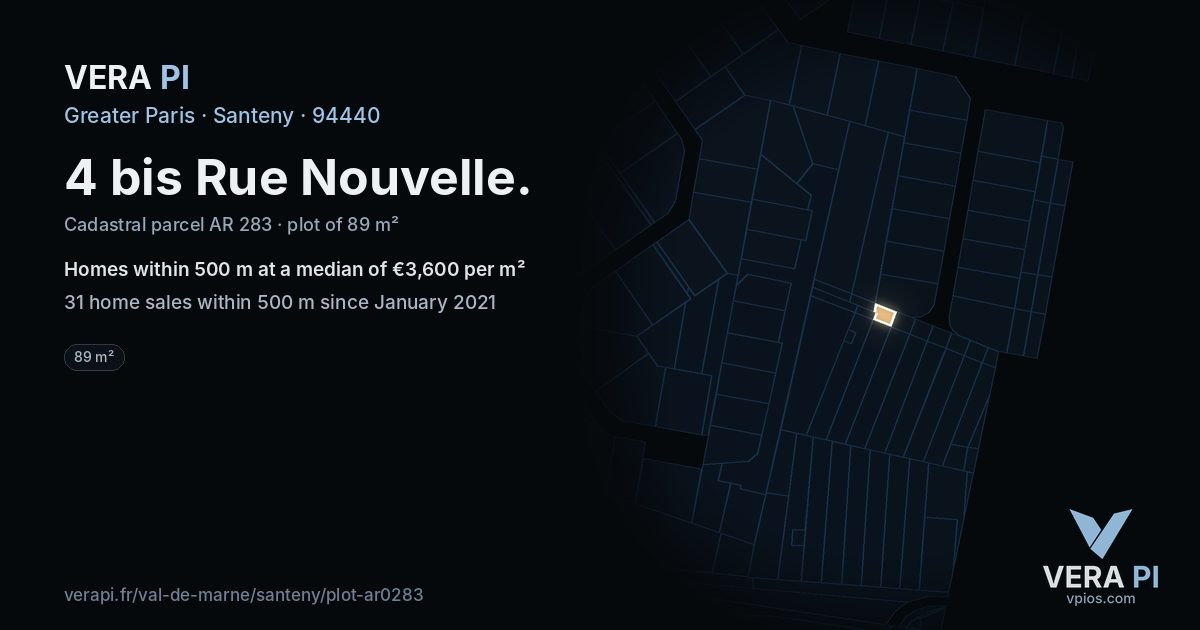 4 bis Rue Nouvelle, Santeny at night – the plot lit, the parcels around coloured by the prices near them
