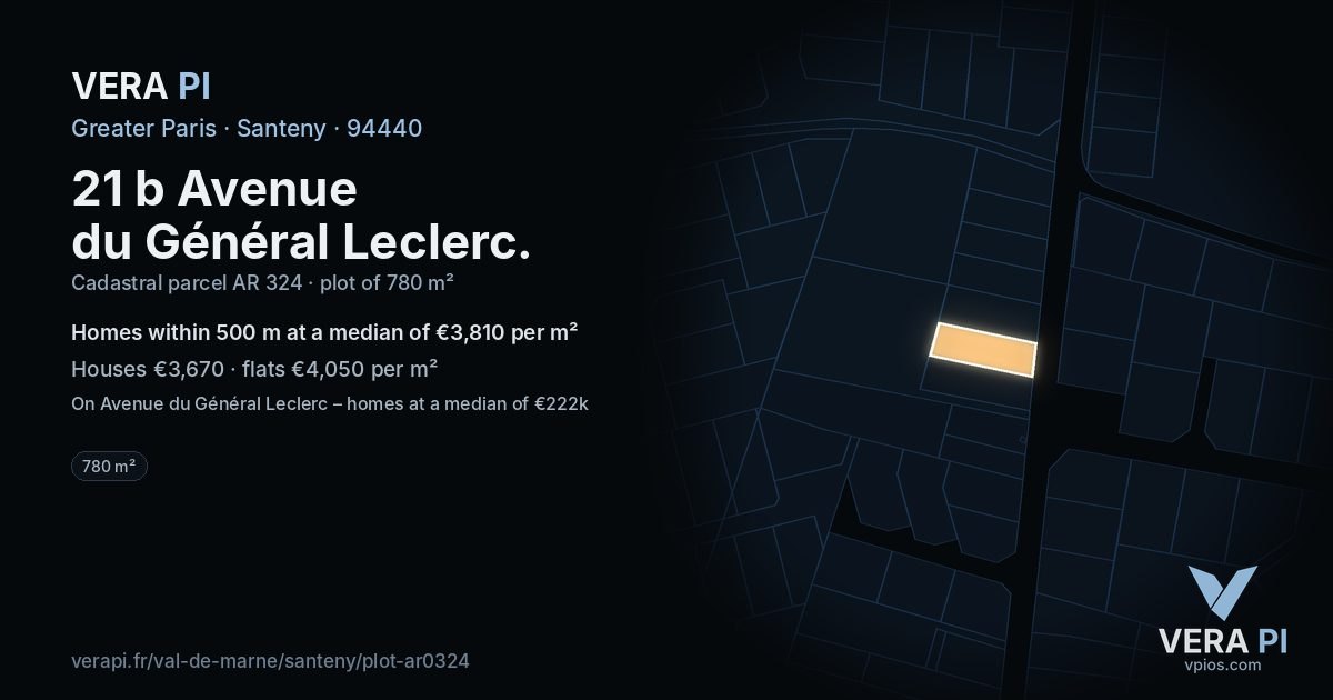 21 b Avenue du Général Leclerc, Santeny at night – the plot lit, the parcels around coloured by the prices near them