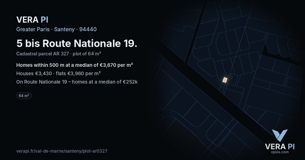 5 bis Route Nationale 19, Santeny at night – the plot lit, the parcels around coloured by the prices near them