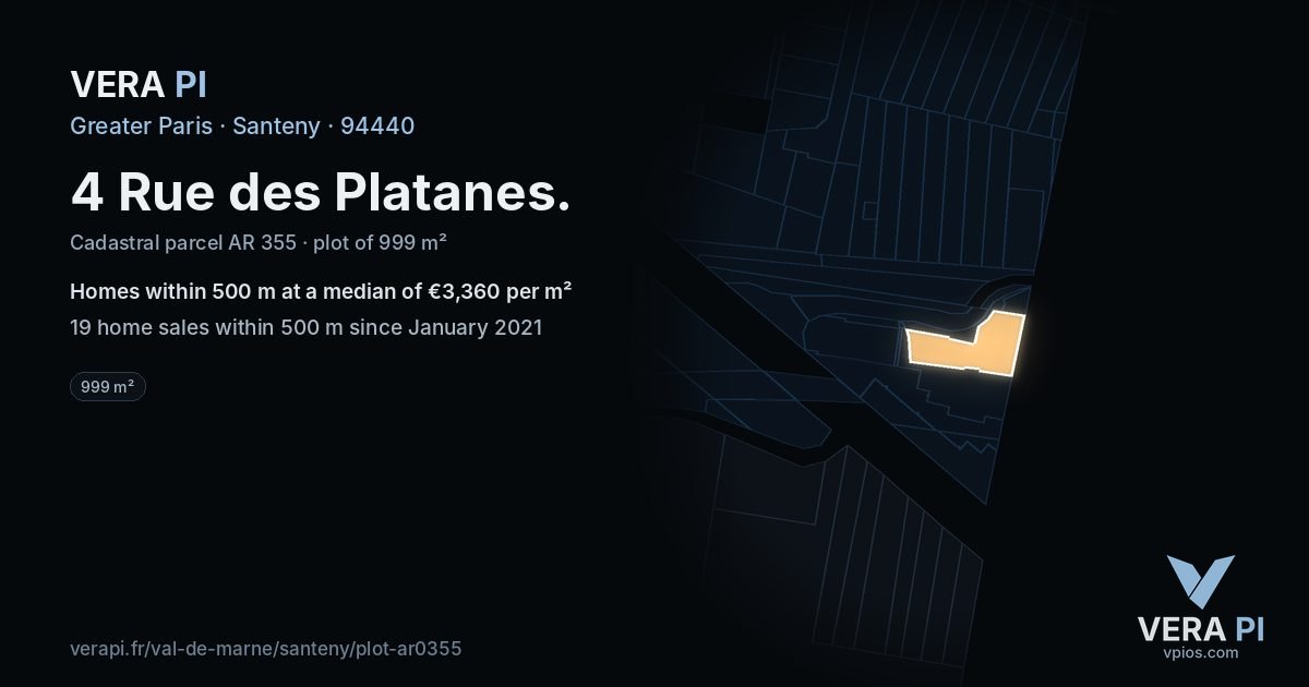 4 Rue des Platanes, Santeny at night – the plot lit, the parcels around coloured by the prices near them