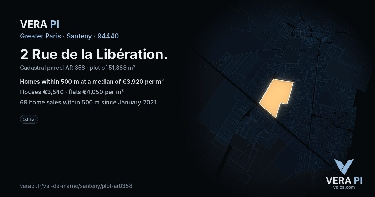 2 Rue de la Libération, Santeny at night – the plot lit, the parcels around coloured by the prices near them
