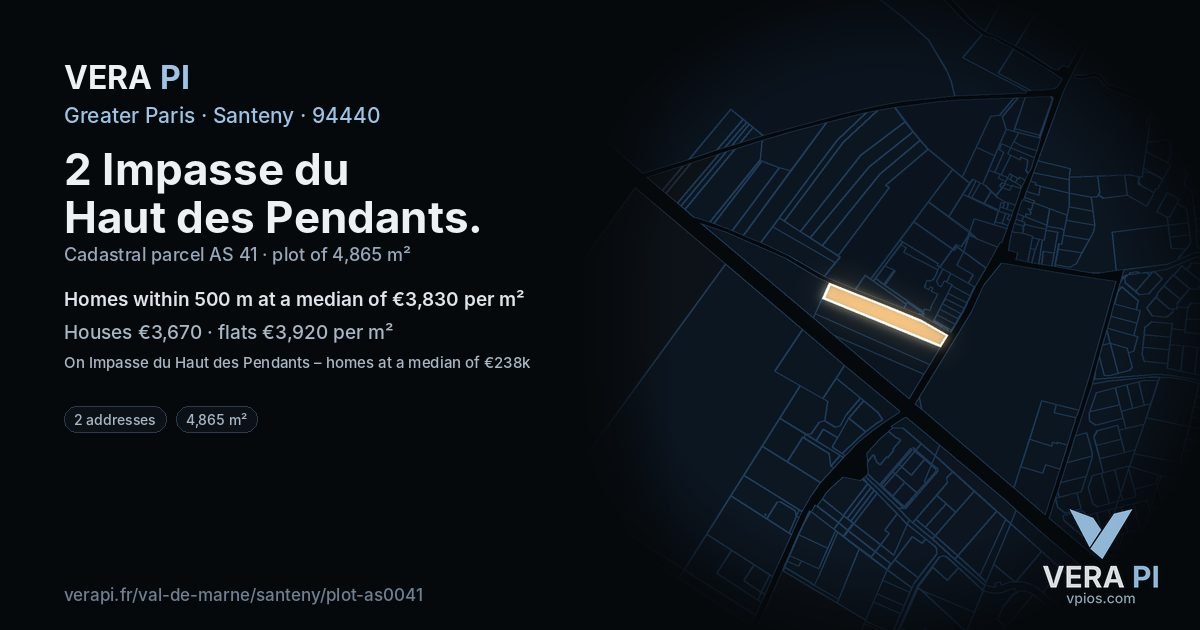 2 Impasse du Haut des Pendants, Santeny at night – the plot lit, the parcels around coloured by the prices near them