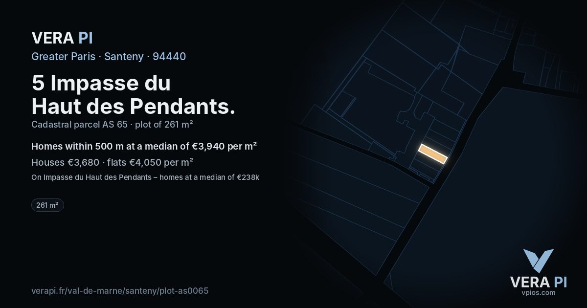 5 Impasse du Haut des Pendants, Santeny at night – the plot lit, the parcels around coloured by the prices near them