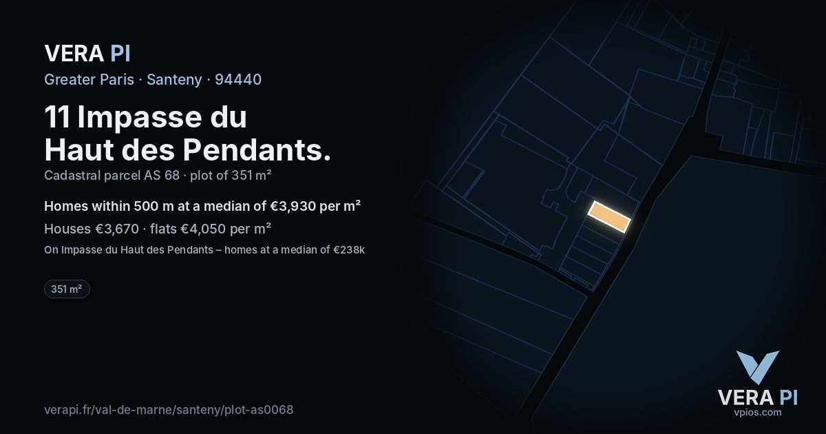 11 Impasse du Haut des Pendants, Santeny at night – the plot lit, the parcels around coloured by the prices near them