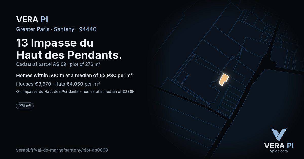 13 Impasse du Haut des Pendants, Santeny at night – the plot lit, the parcels around coloured by the prices near them