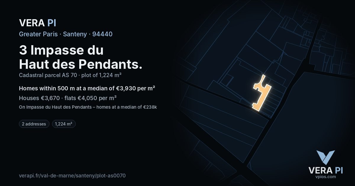 3 Impasse du Haut des Pendants, Santeny at night – the plot lit, the parcels around coloured by the prices near them