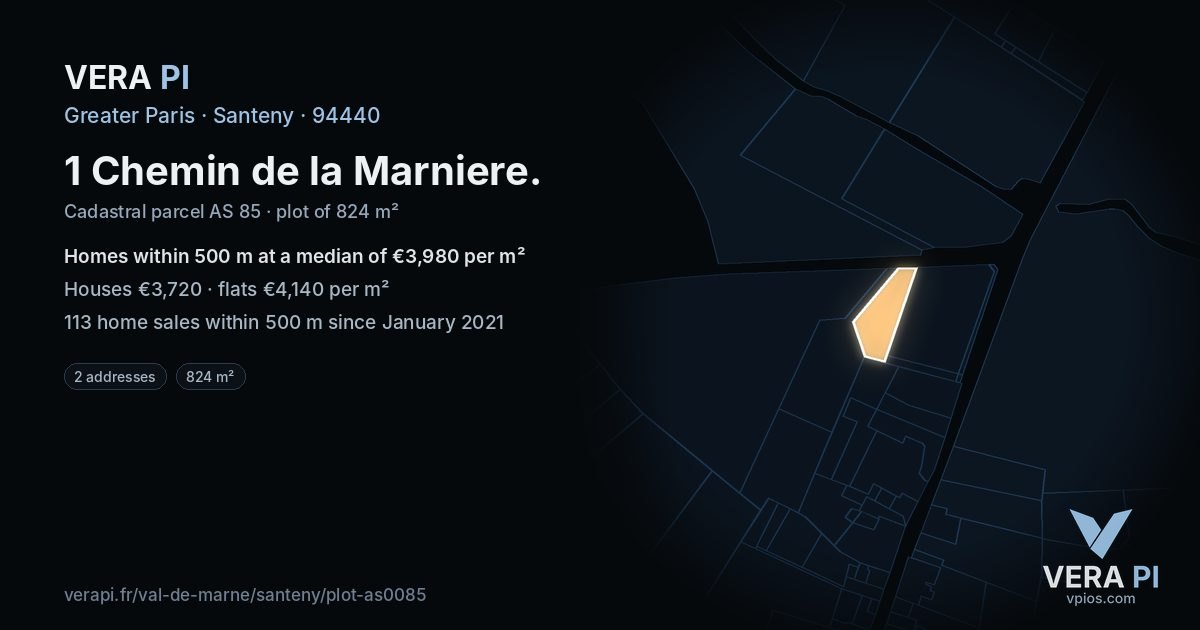1 Chemin de la Marniere, Santeny at night – the plot lit, the parcels around coloured by the prices near them
