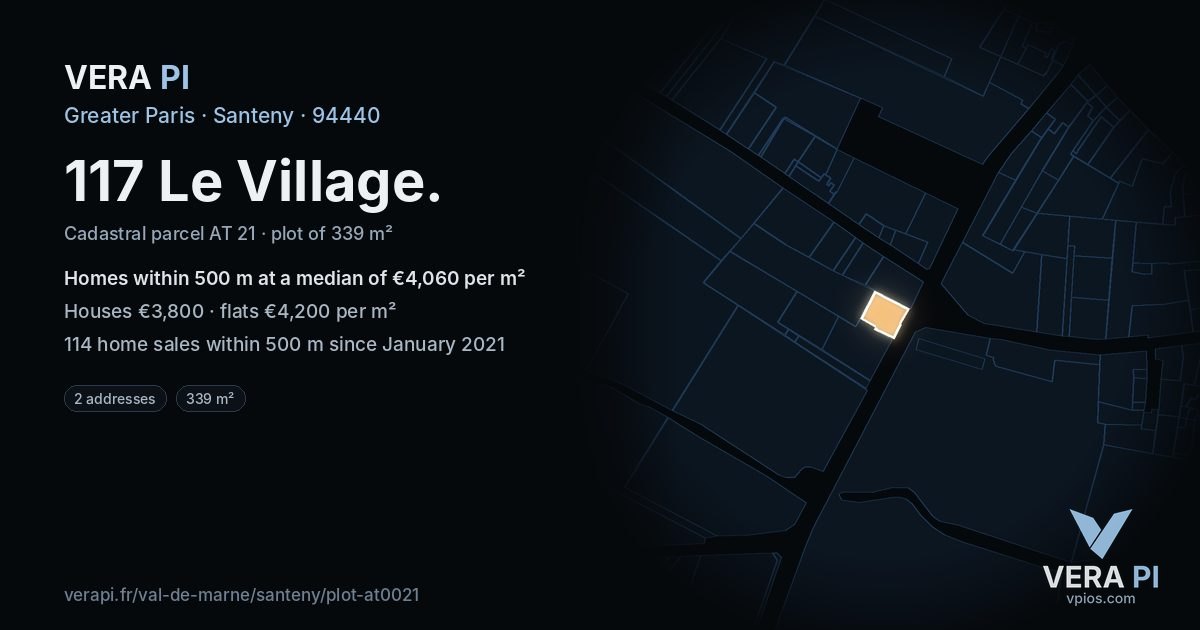 117 Le Village, Santeny at night – the plot lit, the parcels around coloured by the prices near them