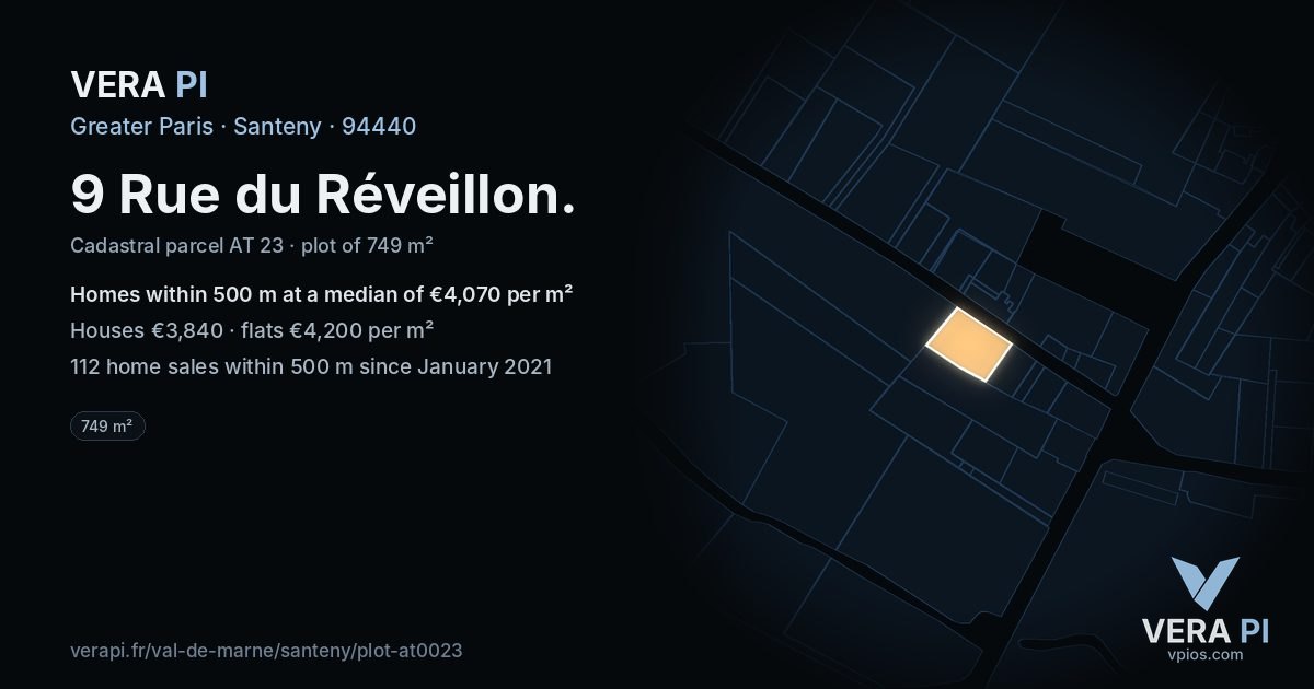 9 Rue du Réveillon, Santeny at night – the plot lit, the parcels around coloured by the prices near them