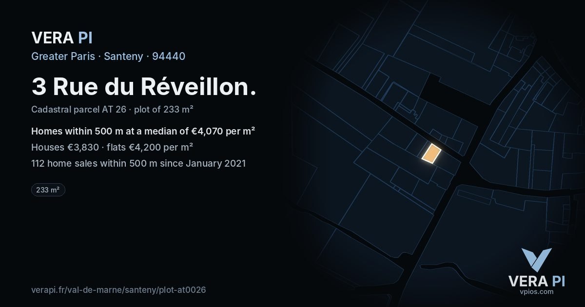 3 Rue du Réveillon, Santeny at night – the plot lit, the parcels around coloured by the prices near them