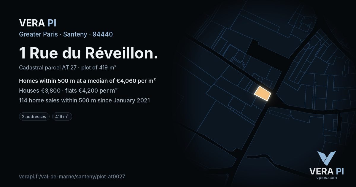 1 Rue du Réveillon, Santeny at night – the plot lit, the parcels around coloured by the prices near them