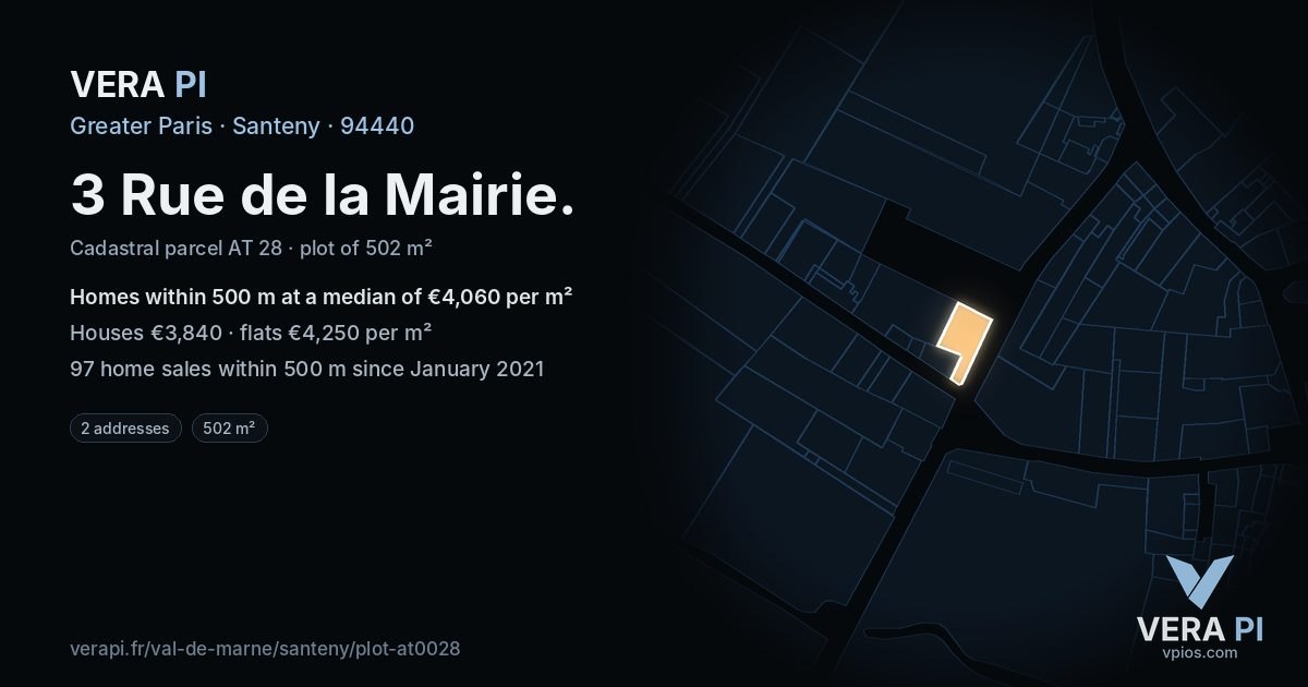 3 Rue de la Mairie, Santeny at night – the plot lit, the parcels around coloured by the prices near them