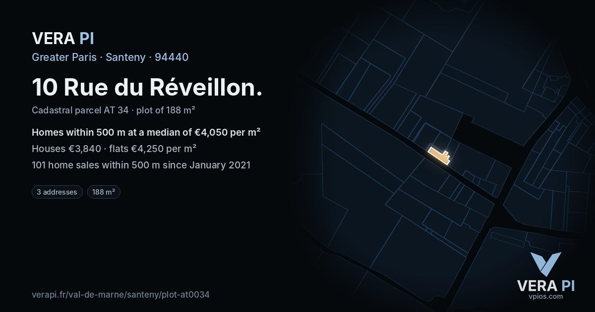 10 Rue du Réveillon, Santeny at night – the plot lit, the parcels around coloured by the prices near them