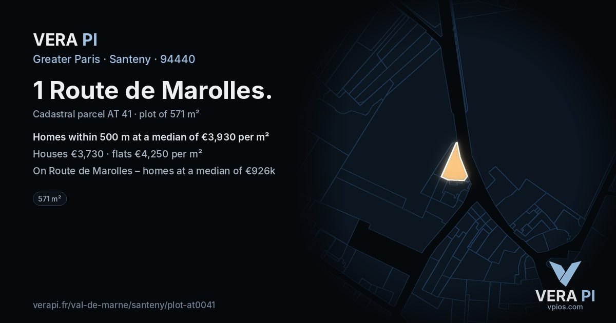 1 Route de Marolles, Santeny at night – the plot lit, the parcels around coloured by the prices near them