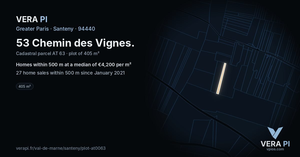 53 Chemin des Vignes, Santeny at night – the plot lit, the parcels around coloured by the prices near them