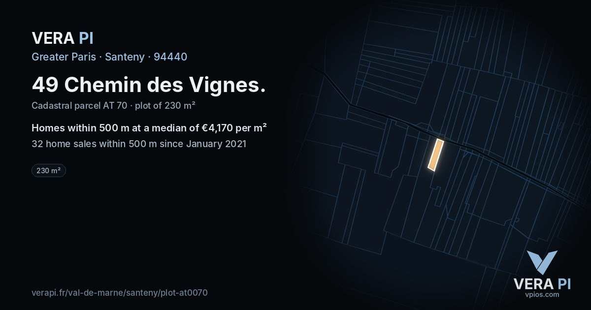 49 Chemin des Vignes, Santeny at night – the plot lit, the parcels around coloured by the prices near them