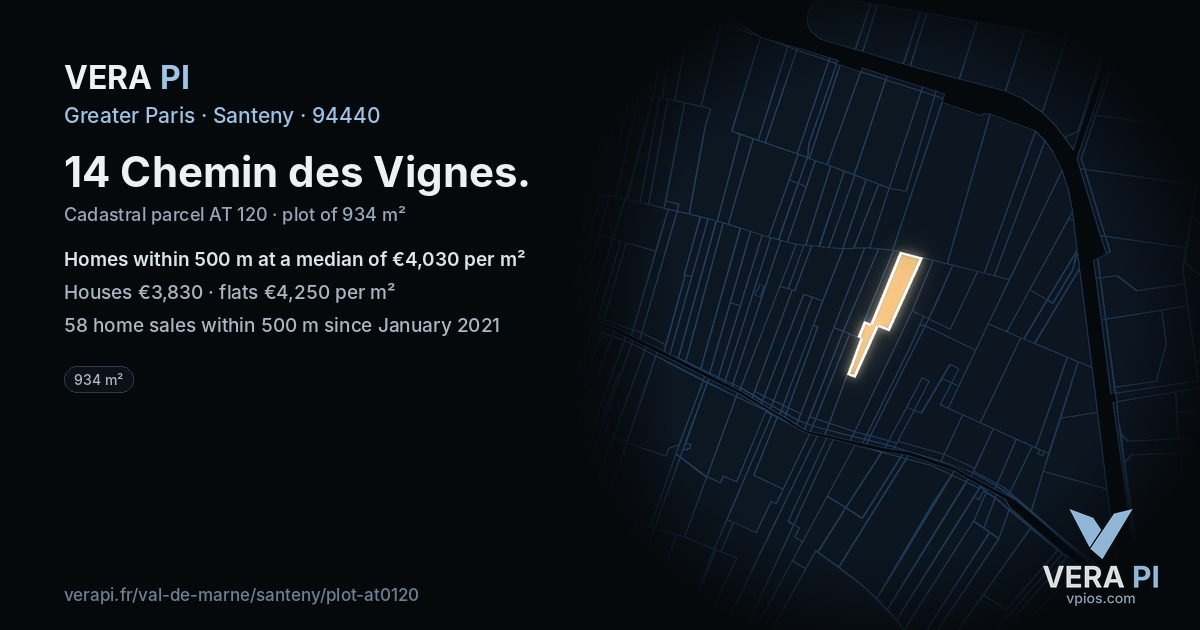 14 Chemin des Vignes, Santeny at night – the plot lit, the parcels around coloured by the prices near them
