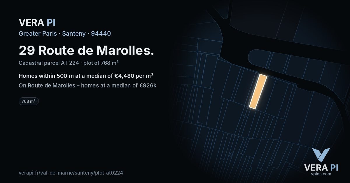 29 Route de Marolles, Santeny at night – the plot lit, the parcels around coloured by the prices near them