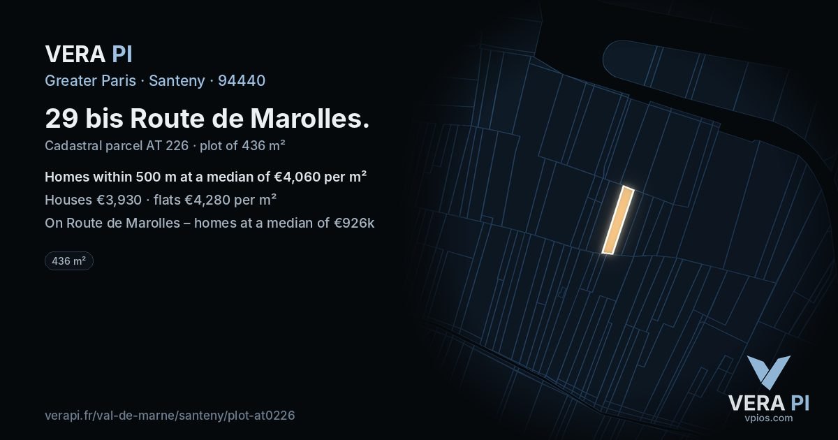 29 bis Route de Marolles, Santeny at night – the plot lit, the parcels around coloured by the prices near them