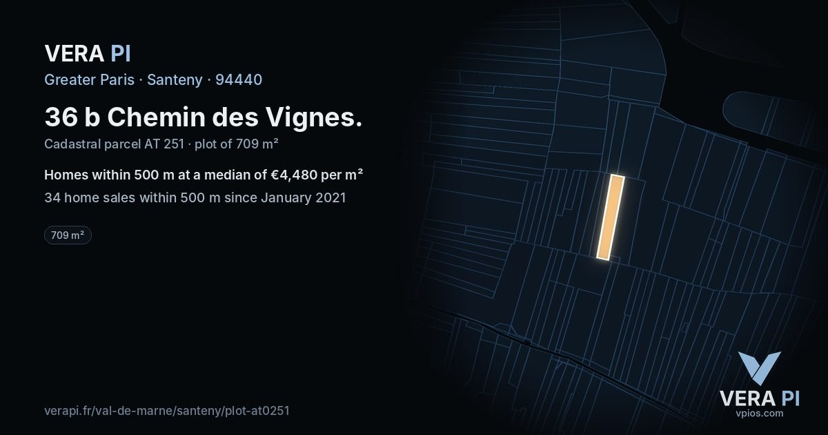 36 b Chemin des Vignes, Santeny at night – the plot lit, the parcels around coloured by the prices near them