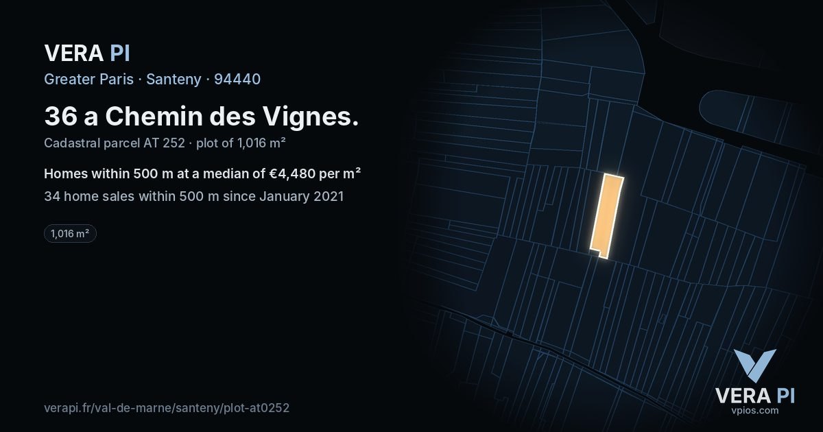 36 a Chemin des Vignes, Santeny at night – the plot lit, the parcels around coloured by the prices near them
