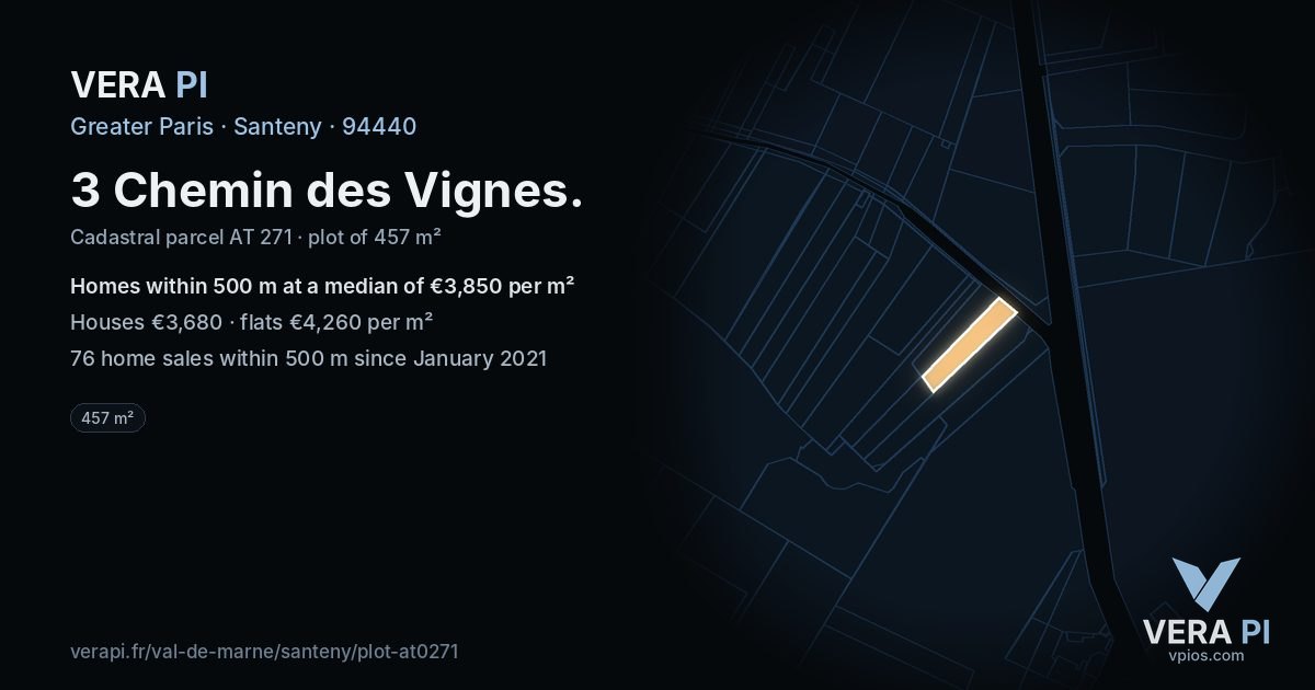 3 Chemin des Vignes, Santeny at night – the plot lit, the parcels around coloured by the prices near them