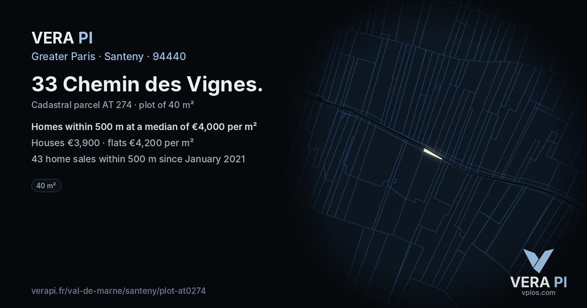 33 Chemin des Vignes, Santeny at night – the plot lit, the parcels around coloured by the prices near them