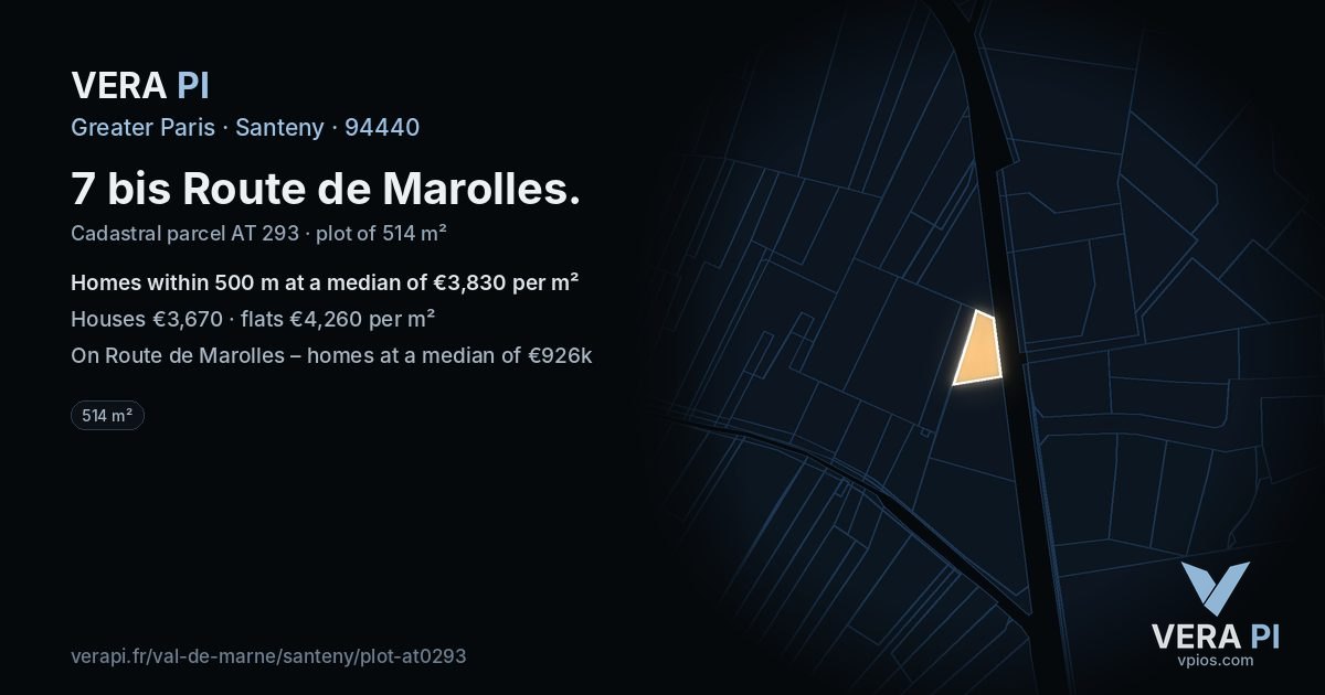 7 bis Route de Marolles, Santeny at night – the plot lit, the parcels around coloured by the prices near them