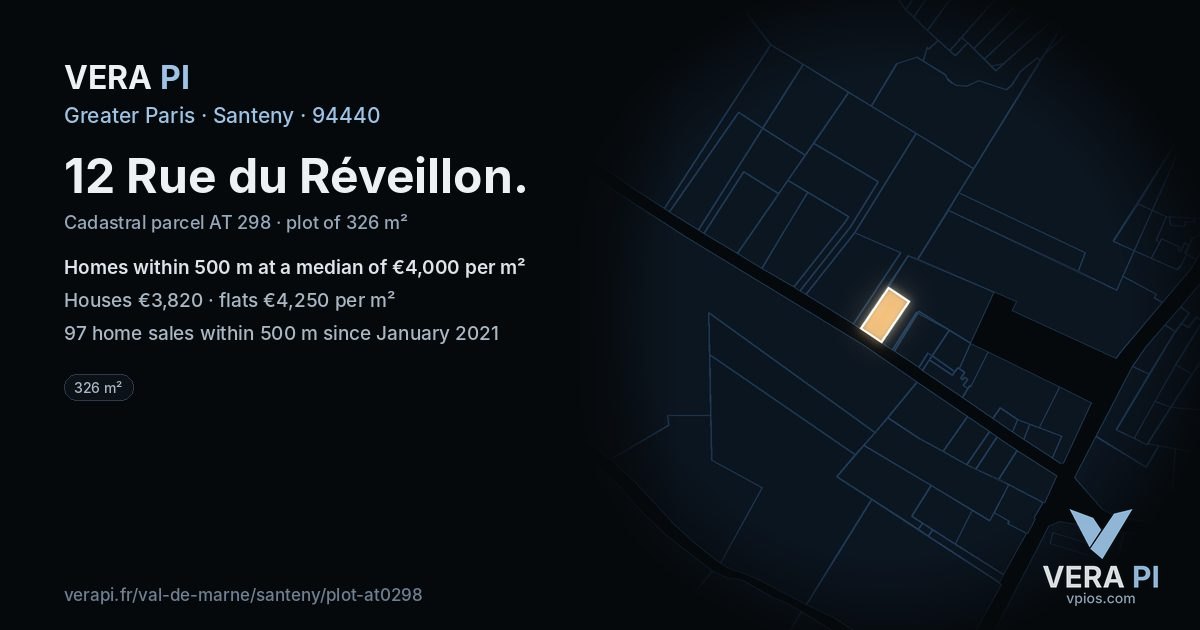 12 Rue du Réveillon, Santeny at night – the plot lit, the parcels around coloured by the prices near them